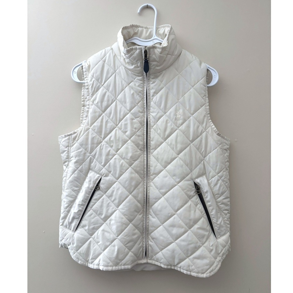 Polo Ralph Lauren Quilted‎ Vest Cream White Full Zip Pony Logo Womens Medium